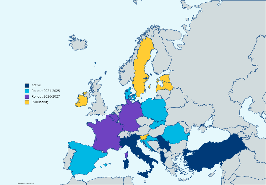 Map of Europe with color-coded countries based on plans or mandates on e-invoicing.
